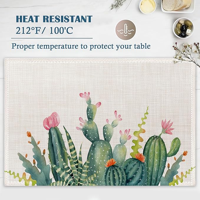 Cute Cactus Placemats Set of 4, Succulent Place Mats Non-Slip Heat Resistant Washable Placemat for Party Kitchen Dining Table Decoration Indoor Outdoor 12x18 Inch