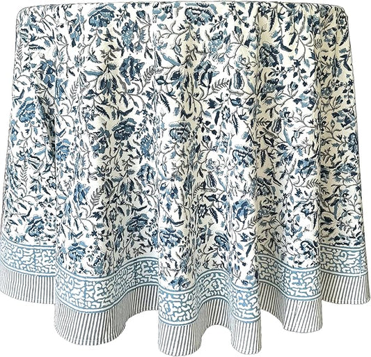 ATOSII Jodhpur Blue 100% Cotton Round Tablecloth, Handblock Print Floral Table Cloth for Kitchen Dining Linen I Parties, Weddings, Outdoors, Christmas I Fall Home Decor 72" Inches Round