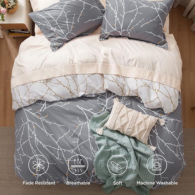 Bedsure Duvet Cover King Size - Reversible Tree Branch Duvet Cover Set with Zipper Closure, 3 Pieces Grey Bedding Set with 8 Corner Ties and 2 Pillow Shams 20"x36"