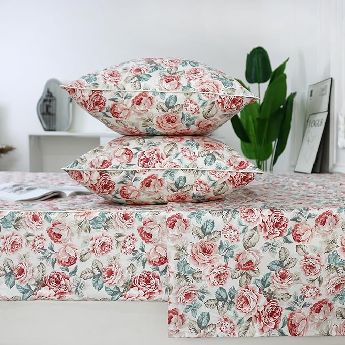 FADFAY Rose Floral Sheets Set Twin XL Vintage Red Floral Bedding Shabby Rose Sheets French Country Farmhouse Bedding 800 Thread Count 100% Egyptian Cotton Deep Pocket Fitted Sheet 4Pcs, Twin XL Size