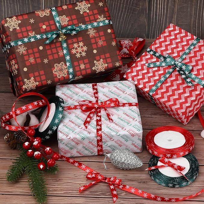 4 Rolls 100 Yards Christmas Snowflake Ribbons for Gift Wrapping, 10mm Wide Red and Green Satin Ribbon for Festival Holiday Party Decorations DIY Crafts