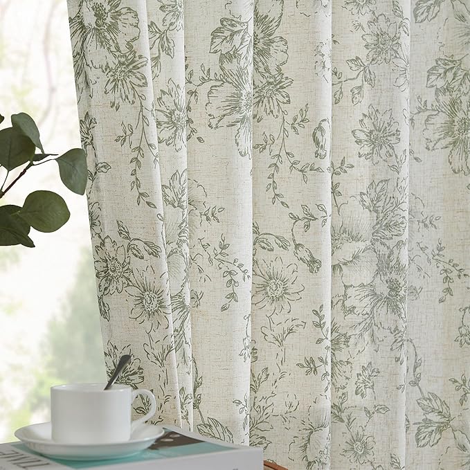 jinachan Pinch Pleated Curtains Floral Linen Blend Curtains for Living Room 84 Inches Length Christmas Green Peony Flower Printed Curtain Rod Pocket Back Tab Farmhouse Drapes with Hooks Set 2 Panels