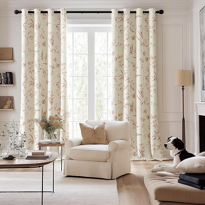 ChrisDowa Beige 100% Blackout Floral Curtains 72 Inches Long 2 Panels for Bedroom Living Room Brown Flower Patterned Room Darkening Thermal Insulated Soundproof Grommet Window Treatments Drapes,52X72
