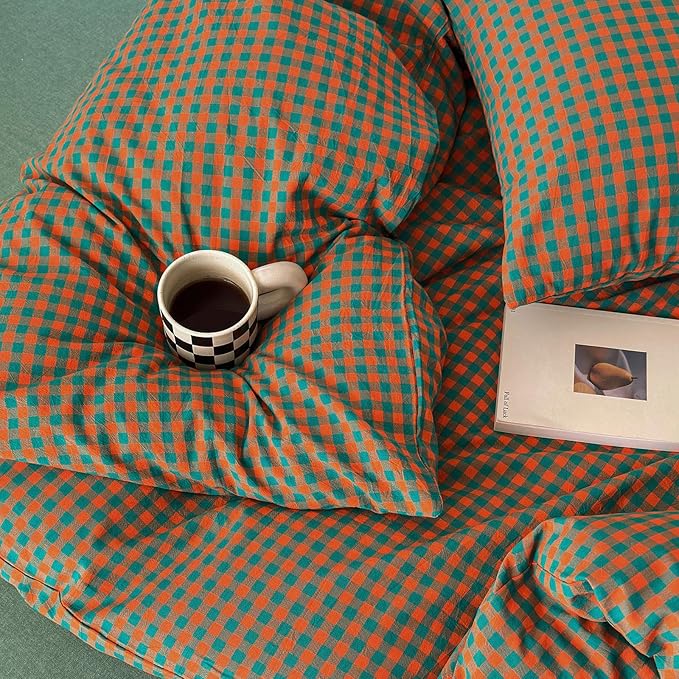 LifeTB Gingham Comforter Set King Modern Style Plaid Checkered Pattern Comforter Soft Fluffy Gingham Bedding Set Lightweight Orange Green Grid Bedding Comforter Fluffy Checkered Comforter Set