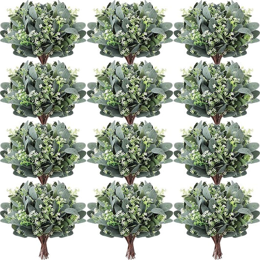 Janinka 75 Pcs Mixed Eucalyptus Leaves Stems Bulk Artificial Eucalyptus Leaves with White Seeds Artificial Silver Dollar Sprays Faux Oval for Floral Wreath Bouquets Wedding Greenery Decoration