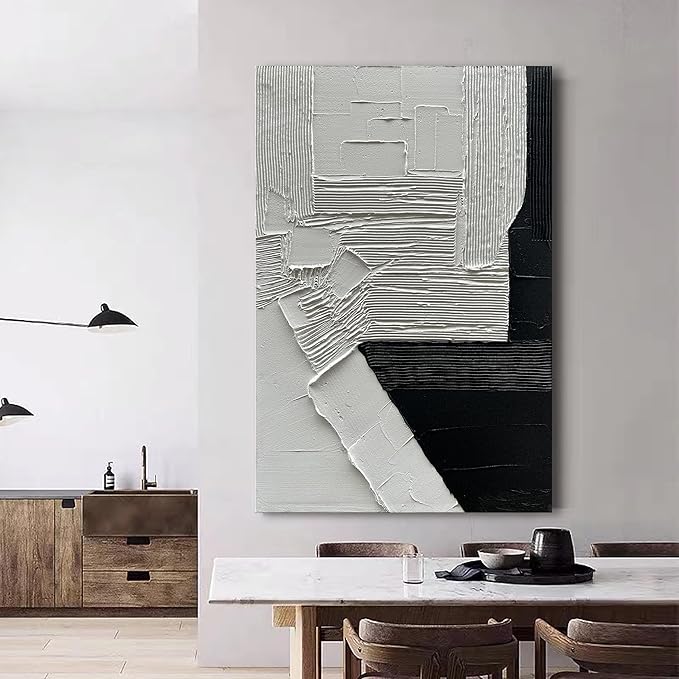 Hand-Painted 45x30 inch White and Black Abstract Wall Decoration Oil Painting Thick Texture Minimalist Art