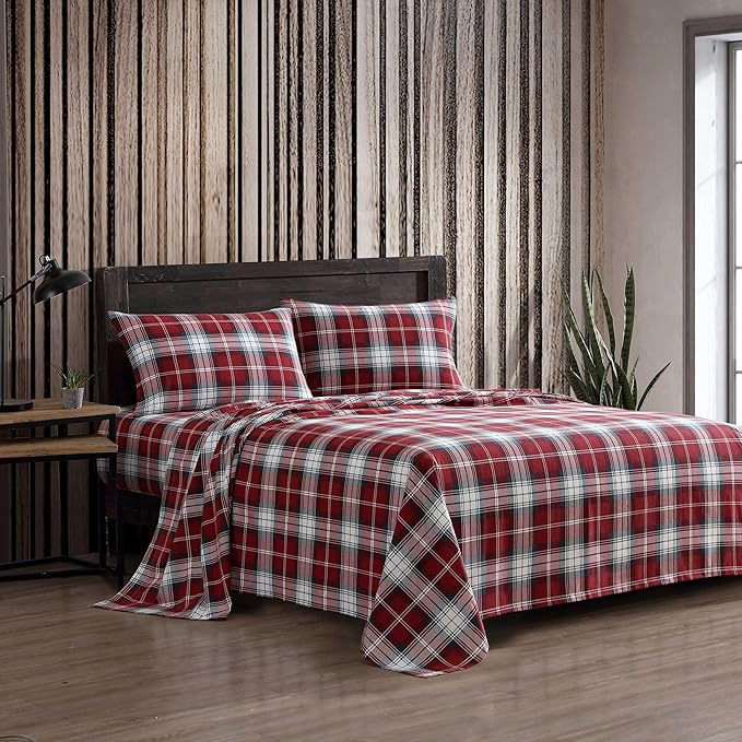 Eddie Bauer - Twin Bed Sheets, Cotton Flannel Bedding Set with Matching Pillowcase, Brushed for Extra Softness, Deep Pocket, Oeko-Tex Certified (Heartland Plaid Red)