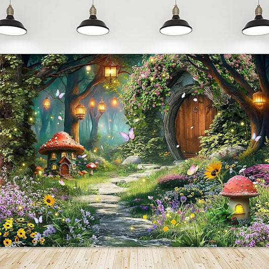 Riyidecor Fairy Backdrop Polyester Fabric Garden Butterfly Enchanted Wonderland Woodland Mushroom Floral Flower 8Wx6H Feet Nature Baby Shower Photography Background Birthday Photo Studio Shoot