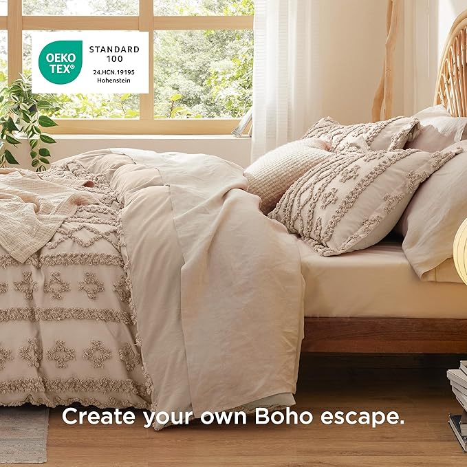 Bedsure Boho Duvet Cover Queen Size, Soft & Comfortable Elegant Design Boho Bedding for Decoration, Machine Washable Comforter Cover for All Seasons,Includes 1 Duvet Cover & 2 Pillow Shams,Khaki