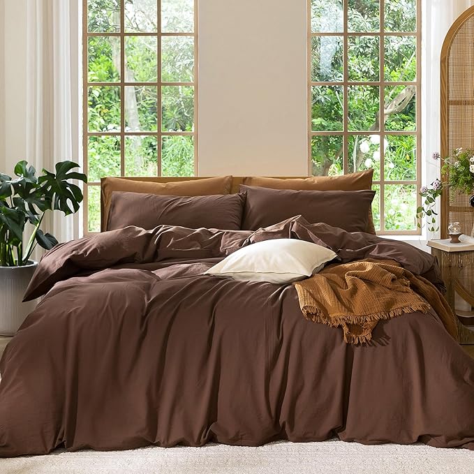 MooMee Bedding Duvet Cover Set 100% Washed Cotton Linen Like Textured Breathable Durable Soft Comfy (Solid Cocoa Brown, Full 80"x90")
