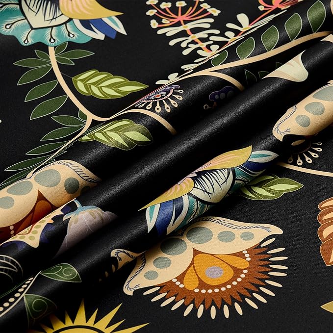 XiDi Black Floral Curtains 90 Inches Long for Living Room Bedroom 2 Panels Blackout Patterned Curtains Decorative Thermal Insulated Luxury Vintage Dark Flower Botanical Printed Grommet Drapes 52x90