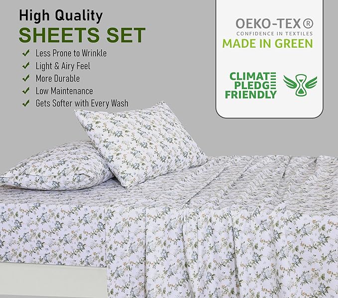 RUVANTI 100% Cotton Split King Sheets Sets for Adjustable Bed, 5 PCs, Soft & Breathable Percale Weave Bedding, Deep Pocket 16", Hotel Standard, Crisp Cool Feel & Durable, Floral Sheet, Heritage