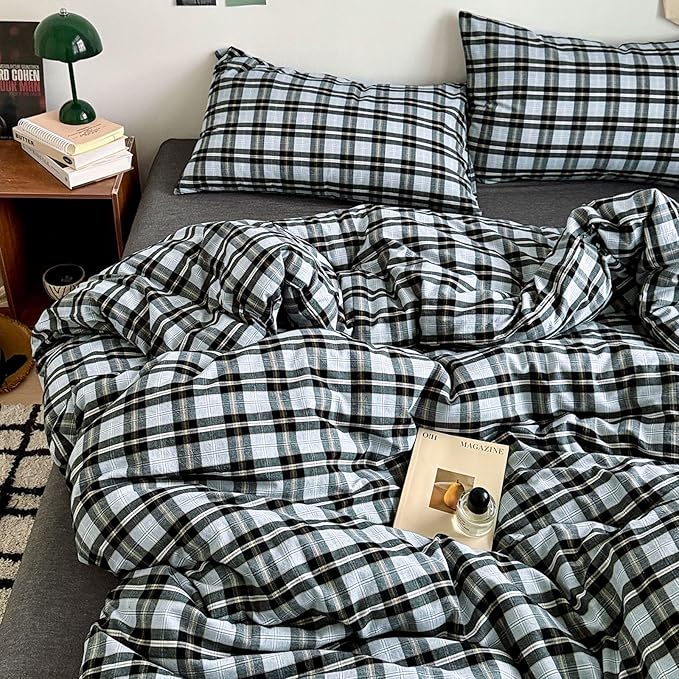 Grey Black Plaid Comforter Set Twin XL, 3 Pieces Modern Style Grid Comforter with 2 Pillowcases, Vintage Plaid Checkered Comforter for All Seasons, Soft Breathable Farmhouse Gingham Bedding Set