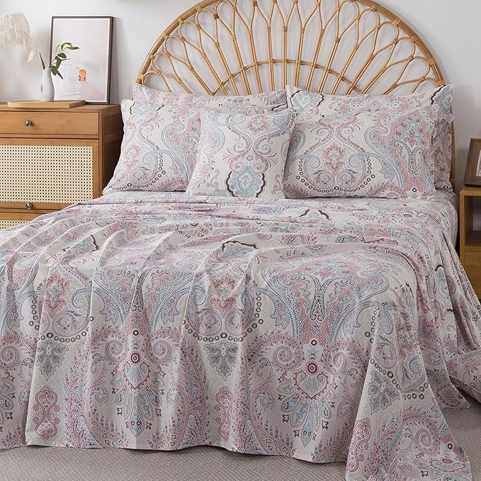 FADFAY 100% Cotton Paisley Damask California King Bed Sheet Set, 4-Piece Soft Breathable Vintage Bedding with Deep Pocket Fitted Sheet, Flat Sheet and Pillowcases, All Season Cotton Sheets