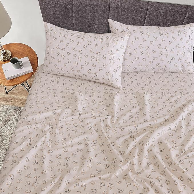 RUVANTI 100% Cotton Sheets Queen Size Set, 4 Pieces, Soft & Breathable Percale Weave Bedding, Deep Pocket 16", Hotel Standard, Crisp Cool Feeling, Durable, Perfect Floral Bed Sheet, Twin Spring