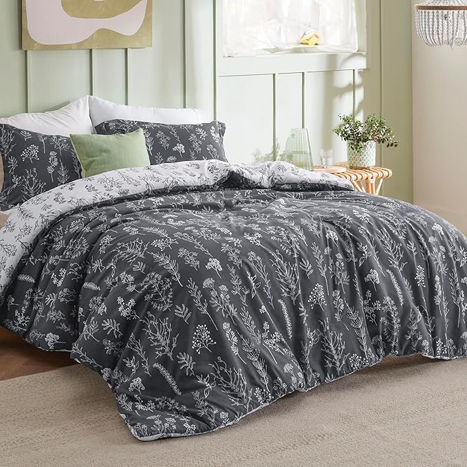 Bedsure Duvet Cover King Size - Reversible Dark Grey King Duvet Cover Set with Zipper Closure, 3 Pieces Floral Patterned Bedding Set with 8 Corner Ties and 2 Pillow Shams