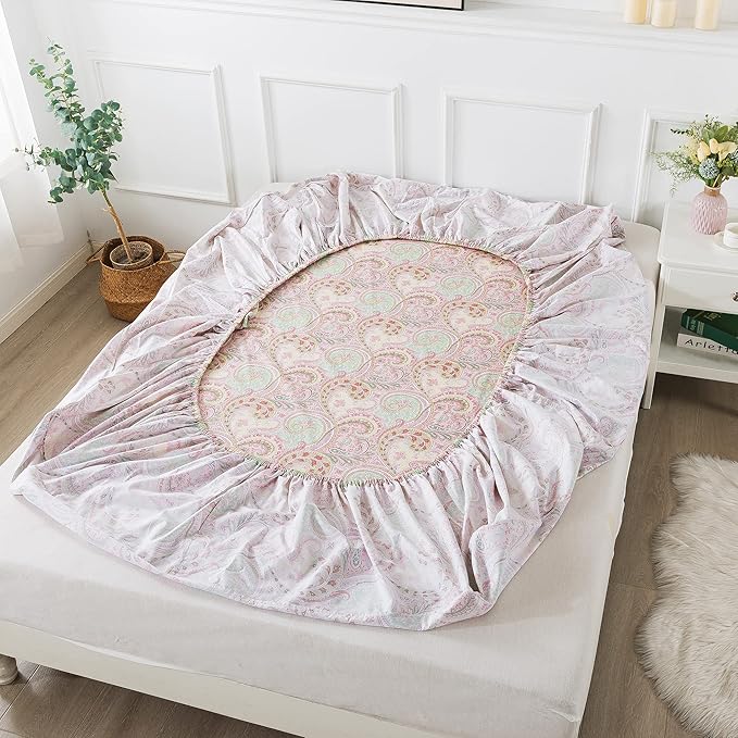 FADFAY Egyptian Cotton Sheets Twin Pink Paisley Bedding Sets Deep Pocket Fitted Sheet Set 800TC Soft Skin-Friendly Natural Bed Sheets (4Pcs, Twin Size)