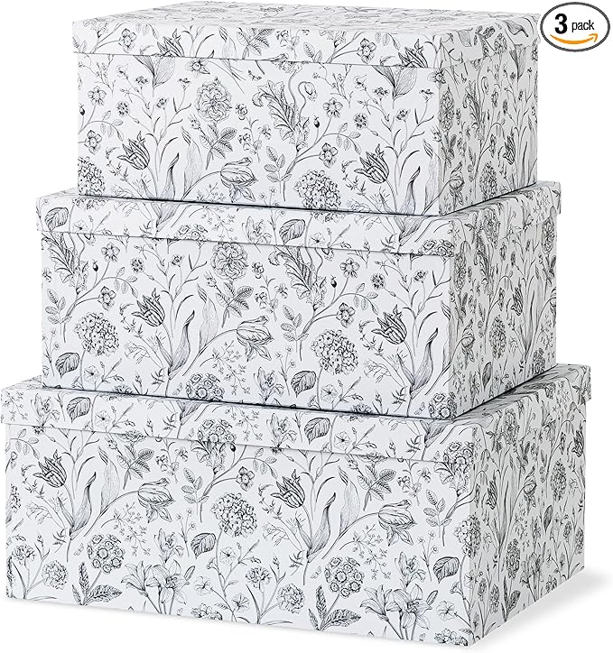 Soul & Lane Decorative Cardboard Storage Boxes For Home Décor - Modern Meadow - Set of 3: Floral Paperboard Nesting Storage With Lids, Memory Boxes For Keepsakes And Photos, Gift Set For Presents