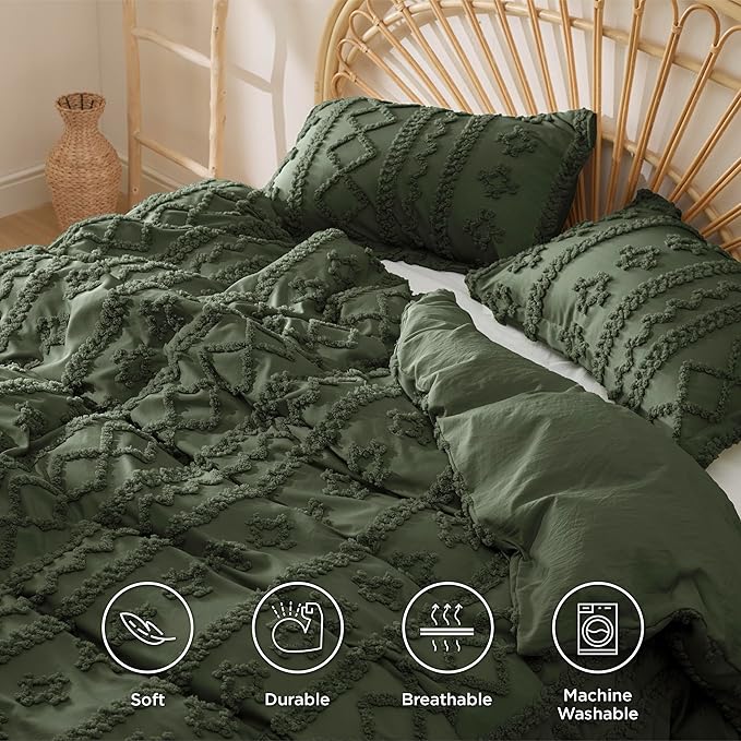 Bedsure Boho Duvet Cover Queen Size, Soft & Comfortable Elegant Design Boho Bedding for Decoration, Machine Washable Comforter Cover for All Seasons,Includes 1 Duvet Cover & 2 Pillow Shams,Olive Green