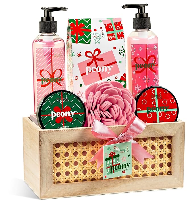 Freida & Joe Peony Spa Gift Set – 7-Piece Bath & Body Gift Basket for Women & Men | Shower Gel, Body Lotion, Body Scrub, Bath Salt | Relaxing Self Care Gift