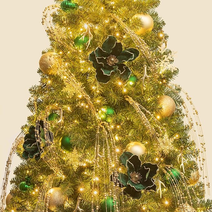 KI Store Dark Green Christmas Poinsettia Flower Set of 6 Large Artificial Velvet Magnolia Flower Picks Stems for Xmas Tree Decorations