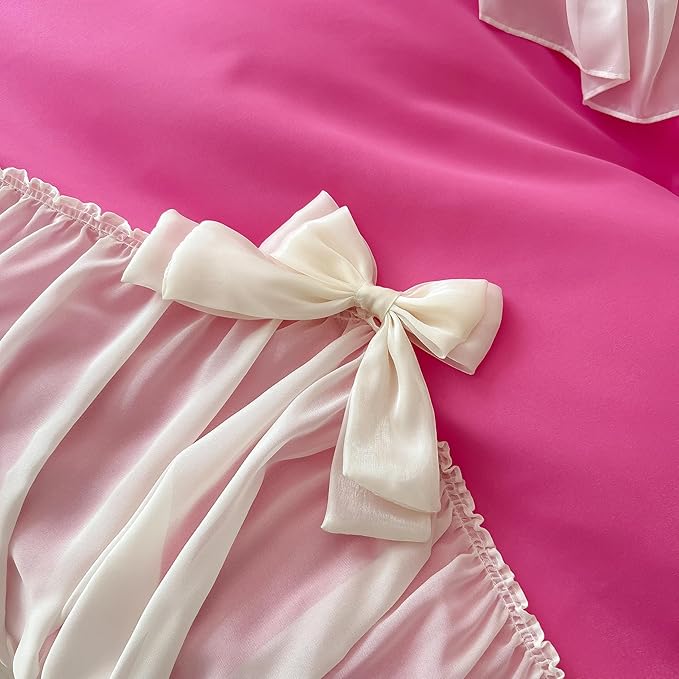Girls Lace Bedding,Queen Comforter Cover Set, Chic Ruffled Duvet Cover with Lovely Bow,Princess Style 1 Duvet Cover with 2 Pillowcases, No Comforter-Hot Pink,Full Size