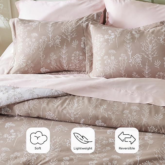 Bedsure Duvet Cover Queen Size - Reversible Light Taupe Queen Duvet Cover Set with Zipper Closure, 3 Pieces Floral Patterned Bedding Set with 8 Corner Ties and 2 Pillow Shams