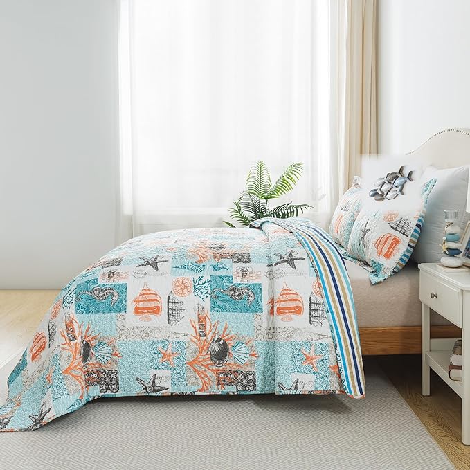 HoneiLife Quilt Set Queen Size - 3 Pieces Nautical Bedspreads Coastal Coverlets Ocean Bed Cover Queen Quilt Bedding Set All Season Quilts