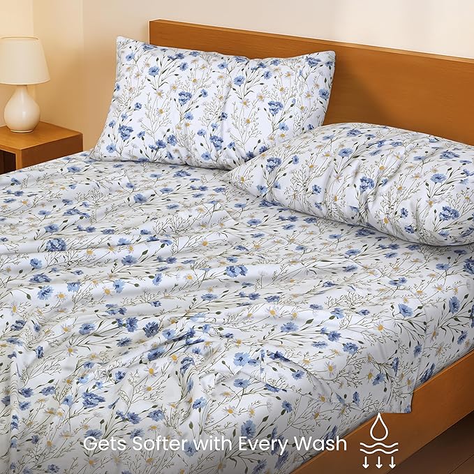 RUVANTI 100% Cotton Full Size Bed Sheets, 4 Pieces, Soft & Breathable Percale Weave Bedding, Deep Pocket 16", Hotel Standard, Crisp Cool Feel, Durable, Perfect Sheet Set Floral, Sweet Pea