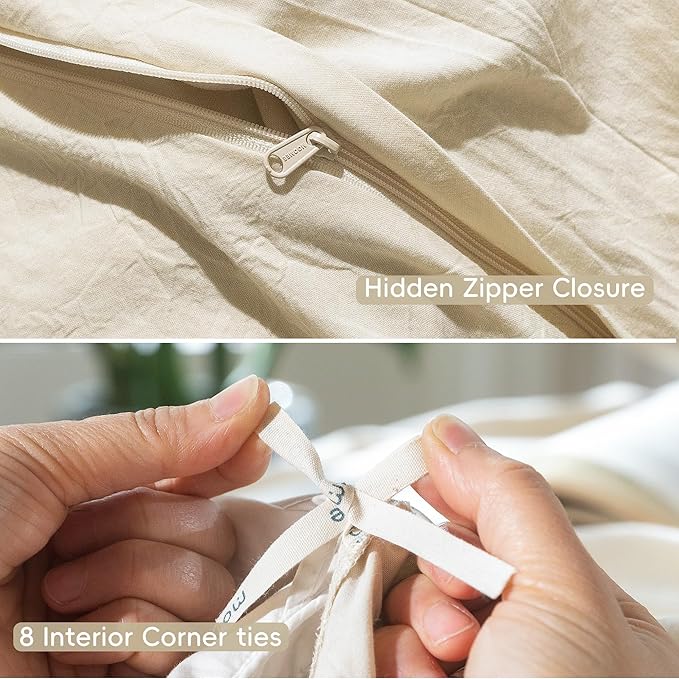 MooMee Bedding Duvet Cover Set 100% Washed Cotton Linen Like Textured Breathable Durable Soft Comfy (Heathered Almond Milk Grey, Full 80"x90")