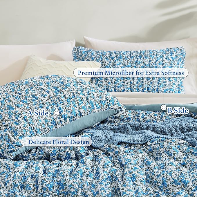 King Comforter Set - 7 Pieces Blue Classic Puff Floral Bedding Sets for All Seasons, Shabby Chic Farmhouse Bed in a Bag King with Wildflowers Fluffy Comforter, Sheets, Pillowcases & Shams