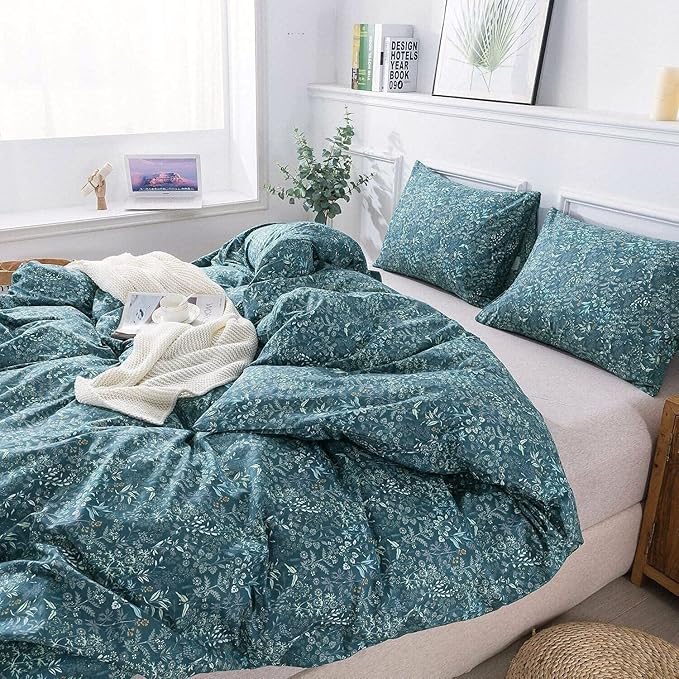 EAVD Botanical Floral Duvet Cover King Soft 100% Cotton Floral Blue Duvet Cover Set Chic Shabby Floral Bedding Set Garden Style Blue Floral Comforter Cover with Zipper Closure 4 Ties