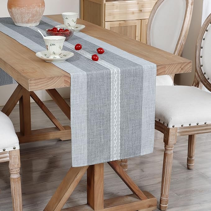 Farmhouse Braided Striped Table Runner Rustic Embroidery Coffee Table Runners for Decorations Weddings Holiday Grey 13x48inch