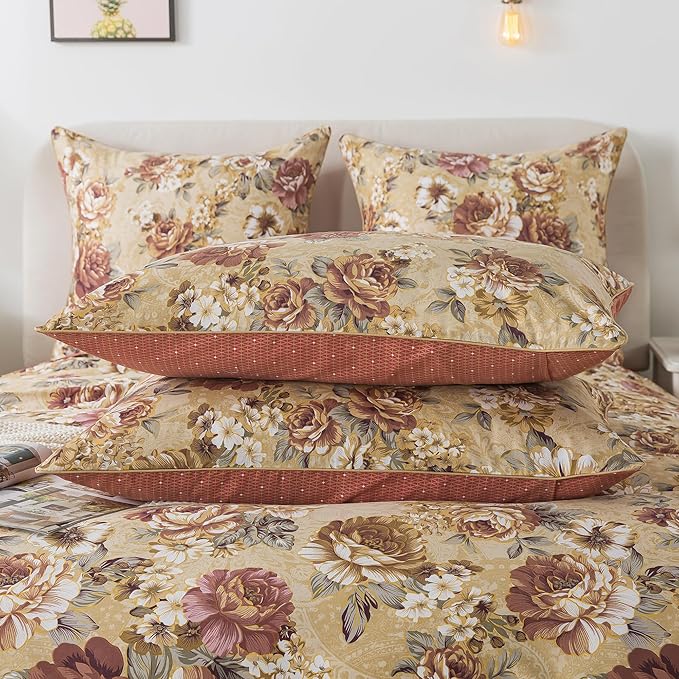 FADFAY College Duvet Cover Set Twin XL Vintage Tan Peony Floral Bedding Classic Shabby Dorm Room Comforter Cover Set 100% Cotton Soft Quilt Cover with Hidden Zipper Closure 3 Pieces, Twin XL Size