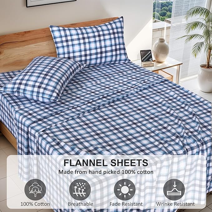 RUVANTI Flannel Sheets King Size - 100% Cotton Brushed King Size Sheets Set - Deep Pockets 16 Inches Bed Sheets - All Seasons Breathable & Extra Soft - Warm & Cozy, 4 Piece, Gingham Addition