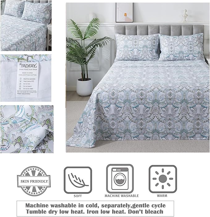 FADFAY Blue Paisley Sheets Set King Classic Boho Paisley Bedding Luxurious Bohemian Damask Paisley Bed Sheet Breathable 100% Egyptian Cotton 800 Thread Count Deep Pocket Fitted Sheet 4Pcs, King Size