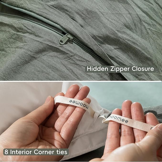 MooMee Bedding Duvet Cover Set 100% Washed Cotton Linen Like Textured Breathable Durable Soft Comfy (Heathered Green, Palatial King/Oversized King 120"x98")