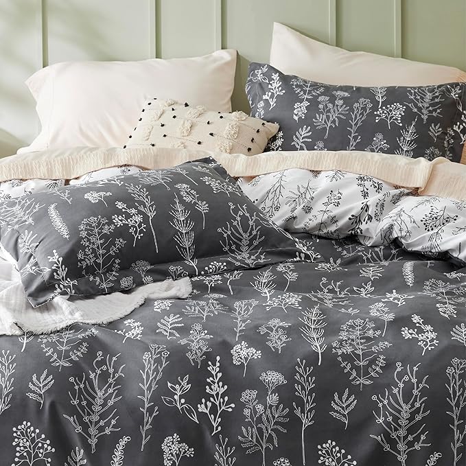 Bedsure Duvet Cover King Size - Reversible Dark Grey King Duvet Cover Set with Zipper Closure, 3 Pieces Floral Patterned Bedding Set with 8 Corner Ties and 2 Pillow Shams