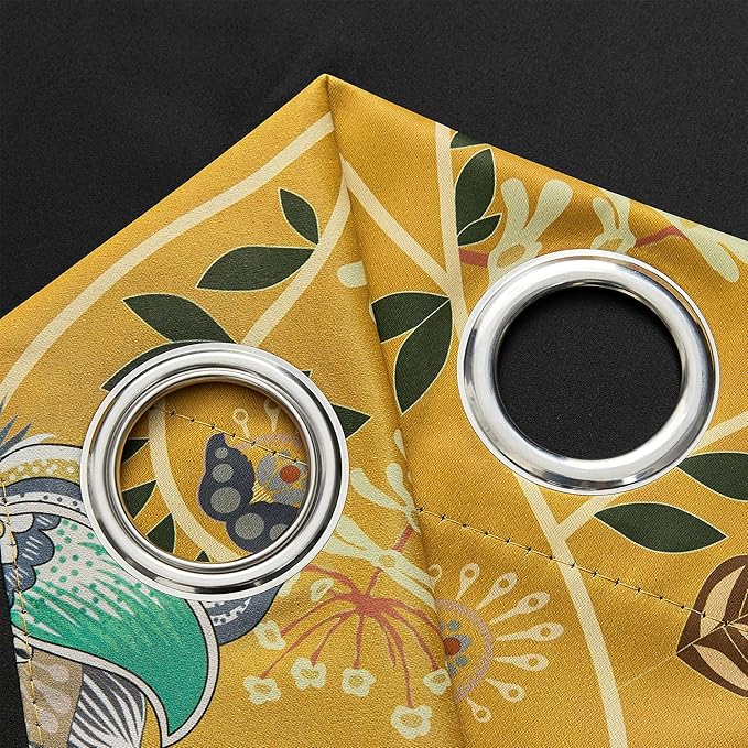XiDi Mustard Yellow Patterned Blackout Curtains 84 Inches Long Vintage Floral Curtains for Bedroom Living Room 2 Panels Thermal Insulated Grommet Top Luxury Mid Century Colorful Drapes 52x84