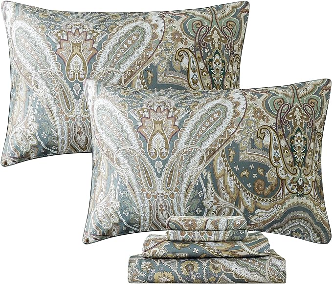 FADFAY Paisley Sheets Set Queen Classic Boho Paisley Bedding Luxurious Bohemian Damask Paisley Bed Sheet Set Breathable 100% Egyptian Cotton 800 Thread Count Deep Pocket Fitted Sheet 4Pcs, Queen Size