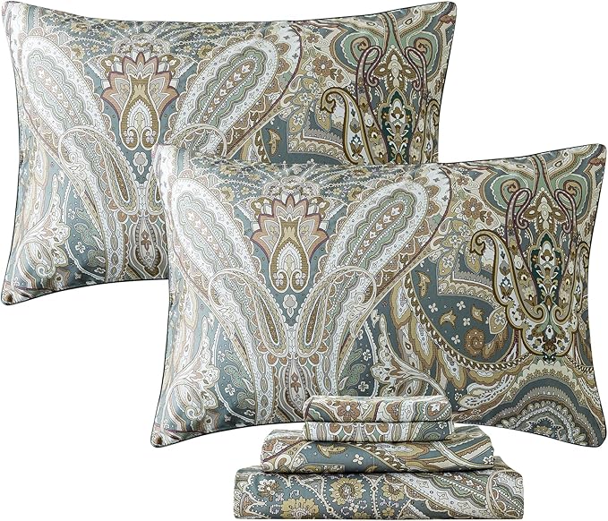 FADFAY Paisley Sheets Set King Classic Boho Paisley Bedding Luxurious Bohemian Damask Paisley Bed Sheet Set Breathable 100% Egyptian Cotton 800 Thread Count Deep Pocket Fitted Sheet 4Pcs, King Size