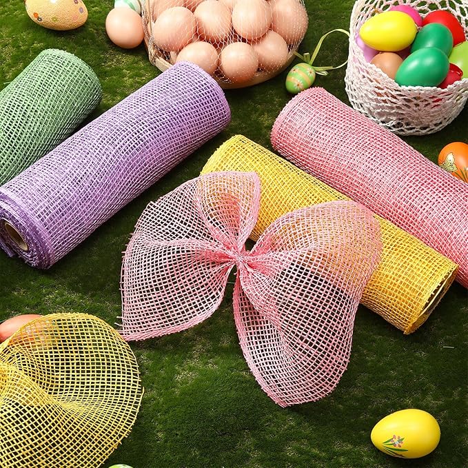Chuangdi 4 Rolls Easter Poly Burlap Mesh Poly Burlap Deco Ribbon Mesh Roll for Spring Summer DIY Flower Wreath Garland, 10 Inch