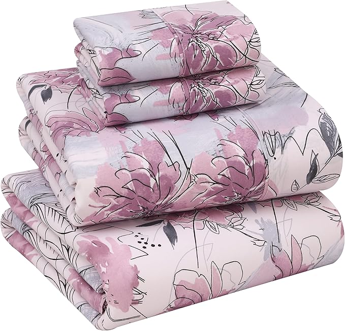 RUVANTI 100% Cotton Sheets Queen Size Set, 4 Pieces, Soft & Breathable Percale Weave Bedding, Deep Pocket 16", Hotel Standard, Crisp Cool Feeling, Durable, Perfect Floral Bed Sheet, Lilac Floral