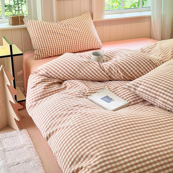 LifeTB Pink Gingham Comforter Set Twin XL Modern Style Pink Plaid Comforter Set Soft Fluffy 3 Pieces Grid Checkered Pattern Comforter with 2 Pillowcases Farmhouse Gingham Bedding Set Twin XL