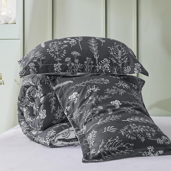 Bedsure Full Comforter Set - Dark Grey Bed Set, 3 Pieces Cute Floral Bedding, 1 Soft Reversible Botanical Flowers Comforter and 2 Pillow Shams