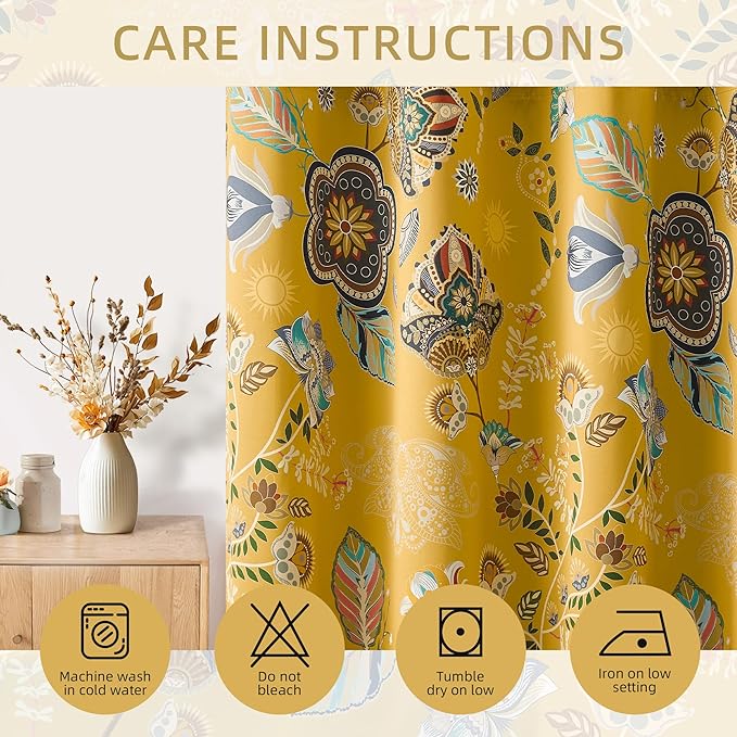 Mustard Yellow Vintage Floral Blackout Curtains & Drapes 90 Inches Long for Living Room Bedroom 2 Panels Boho Colorful Botanical Flower Leaf Printed Curtains Luxury Room Darkening Grommet Top 52x90