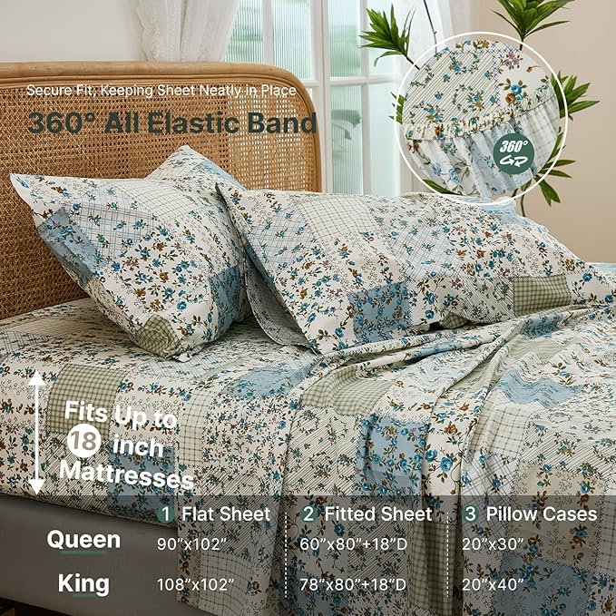 Shabby Chic Floral Patchwork Sheets Set Queen Size, Crisp Cooling Sheets with a Smooth Cotton Percale Lightweight Feel, 4 Pieces Luxury Soft Deep Pocket Fitted Sheet 17.5''