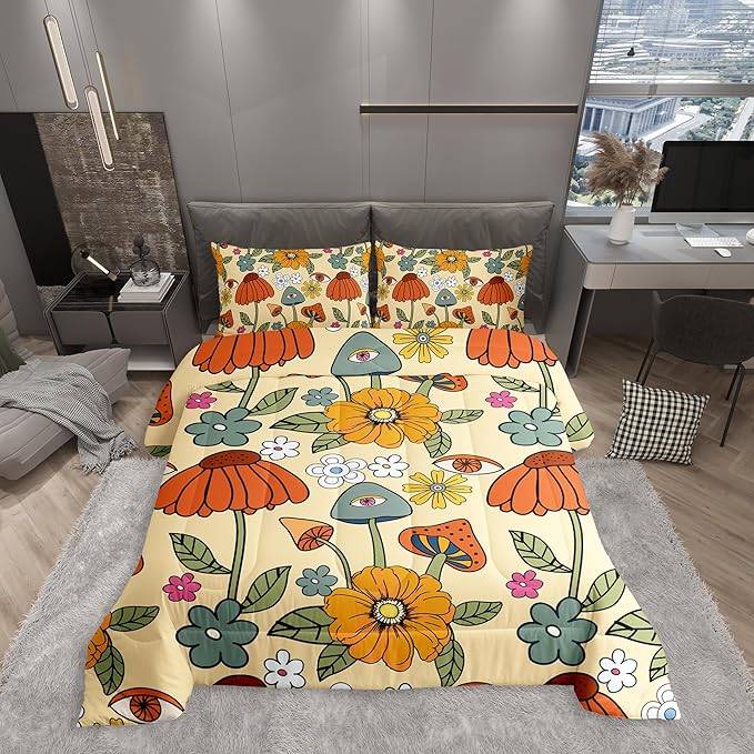 Castle Fairy Retro Flowers Bedding Set King Size,70s Floral Mushroom Comforter Set Room Decor for Couple,Art Hippie Plant Eye Print Microfiber Down Comforter,2 Pillowcases
