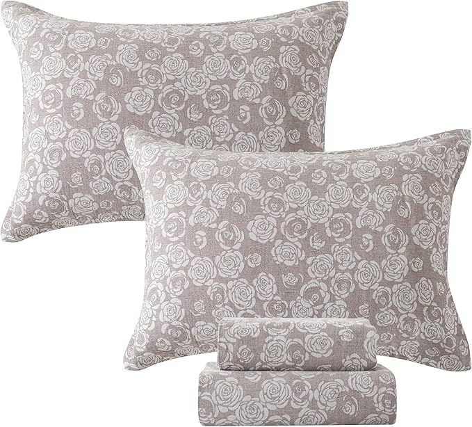 FADFAY Rose Sheets Set Queen Vintage Curry Floral Bedding Shabby Farmhouse Bedding Super Soft Washed Double -Layer Muslin Sheets Luxury 100% Cotton Breathable Deep Pocket Fitted Sheet 4Pc, Queen Size