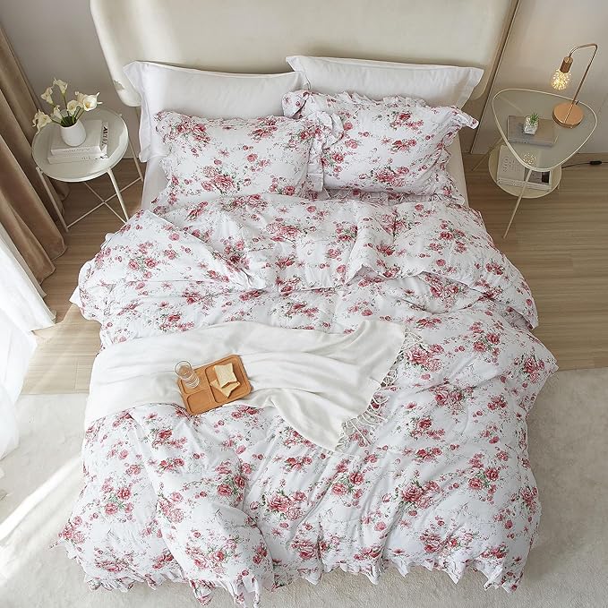 Rose Red Flower Comforter Set Queen Size Romantic Girls Lace Comforter Set Soft Microfiber Botanical Bedding Comforter Set 1 Floral Ruffled Comforter with 2 Pillowcases Lightweight Comfy